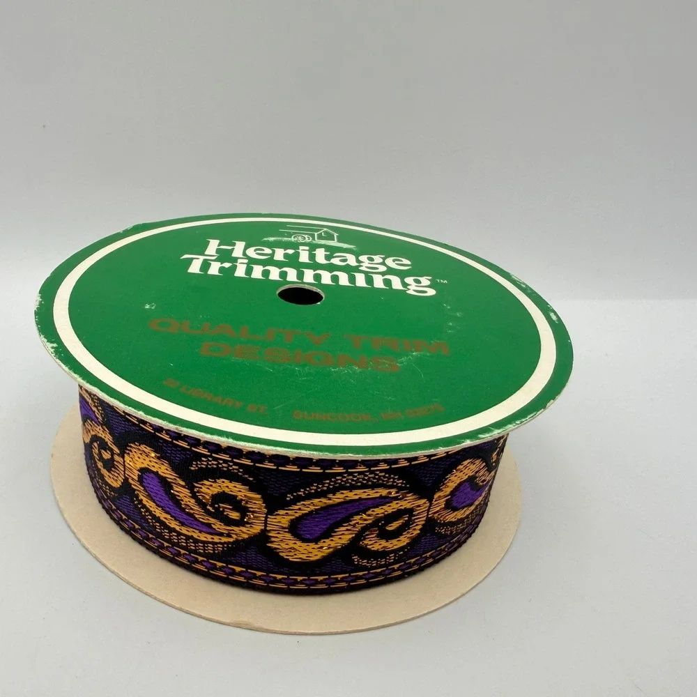 Heritage Trimming 6149 Woven Paisley Jacquard Ribbon Purple Gold Metallic 1.25in